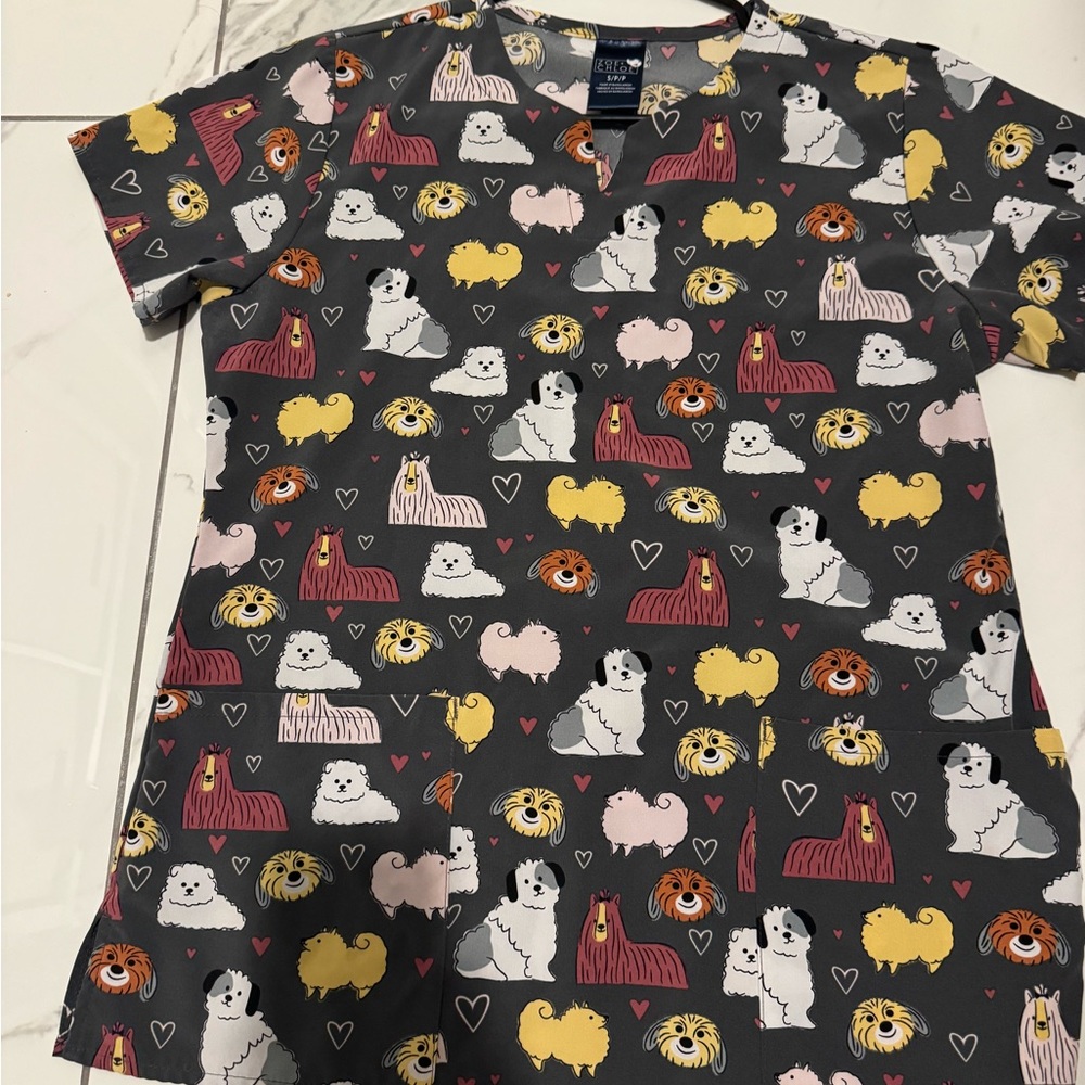 Gray Dog Print Scrub Top